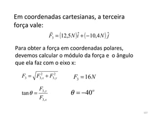 Em coordenadas cartesianas, a terceira 
força vale:
                    
                    F3 = (12,5 N ) i + ( − 10,4 N ) ˆ
                                   ˆ                j

Para obter a força em coordenadas polares, 
devemos calcular o módulo da força e  o ângulo 
que ela faz com o eixo x:

  F3 = F32x + F32y
         ,      ,                F3 = 16 N
            F3, y
  tan θ =                      θ = −40     o
            F3, x

                                                        107
 