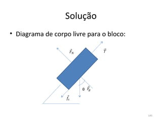 Solução
• Diagrama de corpo livre para o bloco:




                        θ




                                          145
 