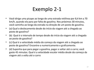 Exemplo 2-1
•   Você dirige uma picape ao longo de uma estrada retilínea por 8,4 km a 70 
    km/h, quando ela para por falta de gasolina. Nos próximos 30 minutos, 
    você caminha ao longo da estrada na direção de um posto de gasolina.
•   (a) Qual o deslocamento desde do início da viagem até a chegada ao 
    posto de gasolina?
•   (b)  Qual é o intervalo de tempo desde do início da viagem até a chegada 
    ao posto de gasolina?
•   (c) Qual é a velocidade média do começo da viagem até a chegada ao 
    posto de gasolina? Encontre-a numericamente e graficamente.
•   (d) Suponha que para pegar a gasolina, pagar e voltar até o carro; você 
    gaste 45 minutos. Qual é a velocidade escalar média desde do começo da 
    viagem até a volta até o carro 



                                                                           17
 