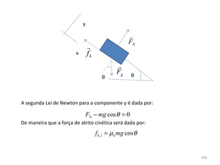 y

                                                     
                                                     FN
                                
                        x       fk
                                               
                                               Fg      θ
                                        θ



A segunda Lei de Newton para a componente y é dada por:

                            FN − mg cos θ = 0
De maneira que a força de atrito cinética será dada por:
                                     f k ,1 = µ k mg cos θ


                                                             199
 