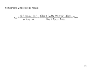 Componente y do centro de massa:


                m1 y1 + m2 y2 + m3 y 3 1,2kg ⋅ 0 + 2,5kg ⋅ 0 + 3,4kg ⋅120cm
        yCM =                         =                                     = 58cm
                    m1 + m2 + m3              1,2kg + 2,5kg + 3,4kg




                                                                                     206
 
