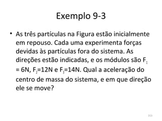 Exemplo 9-3
• As três partículas na Figura estão inicialmente 
  em repouso. Cada uma experimenta forças 
  devidas às partículas fora do sistema. As 
  direções estão indicadas, e os módulos são F1 
  = 6N, F2=12N e F3=14N. Qual a aceleração do 
  centro de massa do sistema, e em que direção 
  ele se move?


                                                213
 
