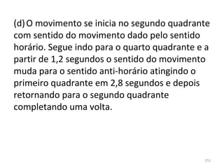 (d) O movimento se inicia no segundo quadrante 
com sentido do movimento dado pelo sentido 
horário. Segue indo para o quarto quadrante e a 
partir de 1,2 segundos o sentido do movimento 
muda para o sentido anti-horário atingindo o 
primeiro quadrante em 2,8 segundos e depois 
retornando para o segundo quadrante 
completando uma volta.




                                              252
 