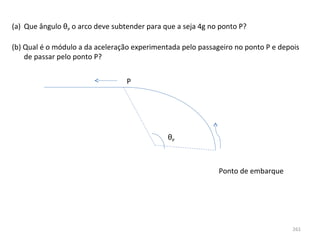 (a) Que ângulo θP o arco deve subtender para que a seja 4g no ponto P?

(b) Qual é o módulo a da aceleração experimentada pelo passageiro no ponto P e depois 
    de passar pelo ponto P?


                                  P




                                              θP



                                                             Ponto de embarque




                                                                                   261
 