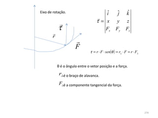 Eixo de rotação.                             ˆ
                                             i        ˆ
                                                      j      ˆ
                                                             k
                                      
                                      τ = x         y       z
           
           τ                              Fx        Fy      Fz
       
       r
                       
                       F
                                 τ = r ⋅ F ⋅ sen(θ ) = r⊥ ⋅ F = r ⋅ F⊥


           θ é o ângulo entre o vetor posição e a força.

             r⊥
                  é o braço de alavanca.

             F⊥
                  é a componente tangencial da força.




                                                                         274
 