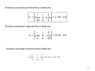 O torque associado à terceira força é dado por:

                              ˆ
                              i    ˆ
                                   j    kˆ
                      
                      τ 3 = 2,6m   0  1,5m = ( 3 N ⋅ m ) i + ( − 5,2 N ⋅ m ) k
                                                         ˆ                   ˆ
                              0  − 2N   0




                                                                                 279
 