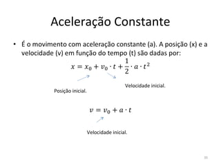 Aceleração Constante



                                     Velocidade inicial.
Posição inicial.




                   Velocidade inicial.



                                                           35
 