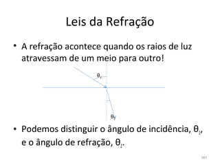 Leis da Refração
• A refração acontece quando os raios de luz 
  atravessam de um meio para outro!
                     θ1




                          θ2

• Podemos distinguir o ângulo de incidência, θ1, 
  e o ângulo de refração, θ2.
                                                387
 