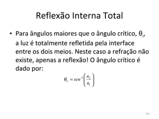 Reflexão Interna Total
• Para ângulos maiores que o ângulo crítico, θc, 
  a luz é totalmente refletida pela interface 
  entre os dois meios. Neste caso a refração não 
  existe, apenas a reflexão! O ângulo crítico é 
  dado por:
                             n2 
                  θ C = sen  
                           −1
                            n 
                             1




                                               393
 