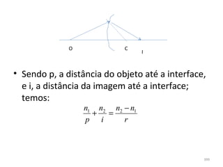 O             C
                                  I



• Sendo p, a distância do objeto até a interface, 
  e i, a distância da imagem até a interface; 
  temos:
                  n1 n2 n2 − n1
                    + =
                  p i      r



                                                399
 