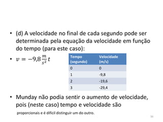 Tempo              Velocidade
                                 (segundo)          (m/s)
                                 0                  0
                                 1                  -9,8
                                 2                  -19,6
                                 3                  -29,4




proporcionais e é difícil distinguir um do outro.
                                                                 50
 