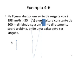 Exemplo 4-6
• Na Figura abaixo, um avião de resgate voa à 
  198 km/h (=55 m/s) e uma altura constante de 
  500 m dirigindo-se a um ponto diretamente 
  sobre a vítima, onde uma balsa deve ser 
  lançada.

        h


                                             61
 