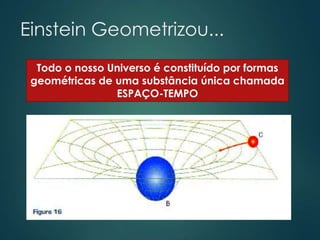 Einstein Geometrizou...
Todo o nosso Universo é constituído por formas
geométricas de uma substância única chamada
ESPAÇO-TEMPO
 