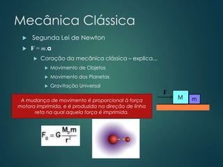 Mecânica Clássica
 Segunda Lei de Newton
 F = m.a
 Coração da mecânica clássica – explica...
 Movimento de Objetos
 Movimento dos Planetas
 Gravitação Universal
A mudança de movimento é proporcional à força
motora imprimida, e é produzida na direção de linha
reta na qual aquela força é imprimida.
 