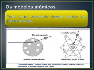 • Thomson  descobriu o elétron
• Rutherford  prótons e elétrons não podem estar
distribuídos uniformemente no espaço
• Chadwick  descobriu os nêutrons
• Bohr  núcleo central com prótons e nêutrons
 