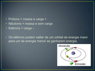 • Prótons = massa e carga +
• Nêutrons = massa e sem carga
• Elétrons = carga –
• Os elétrons podem saltar de um orbital de energia maior
para um de energia menor se ganharem energia.
 