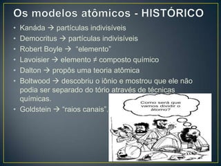 • Kanáda  partículas indivisíveis
• Democritus  partículas indivisíveis
• Robert Boyle  “elemento”
• Lavoisier  elemento ≠ composto químico
• Dalton  propôs uma teoria atômica
• Boltwood  descobriu o iônio e mostrou que ele não
podia ser separado do tório através de técnicas
químicas.
• Goldstein  “raios canais”.
 