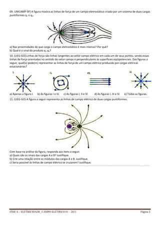 FÍSICA – ELETRICIDADE_CAMPO ELÉTRICO 01 – 2013 Página 2
09. UNICAMP-SP) A figura mostra as linhas de força de um campo eletrostático criado por um sistema de duas cargas
puntiformes q1 e q2.
a) Nas proximidades de que carga o campo eletrostático é mais intenso? Por quê?
b) Qual é o sinal do produto q1.q2?
_________________________________________________________________________________________________________________________________________________________________________________________________________________
10. (UEG-GO) Linhas de força são linhas tangentes ao vetor campo elétrico em cada um de seus pontos, sendo essas
linhas de força orientadas no sentido do vetor campo e perpendiculares às superfícies eqüipotenciais. Das figuras a
seguir, qual(is) pode(m) representar as linhas de força de um campo elétrico produzido por cargas elétricas
estacionárias?
a) Apenas a figura I. b) As figuras I e IV. c) As figuras I, II e IV. d) As figuras I, III e IV. e) Todas as figuras.
_________________________________________________________________________________________________________________________________________________________________________________________________________________
11. (UEG-GO) A figura a seguir representa as linhas de campo elétrico de duas cargas puntiformes.
Com base na análise da figura, responda aos itens a seguir.
a) Quais são os sinais das cargas A e B? Justifique.
b) Crie uma relação entre os módulos das cargas A e B. Justifique.
c) Seria possível às linhas de campo elétrico se cruzarem? Justifique.
_________________________________________________________________________________________________________________________________________________________________________________________________________________
 