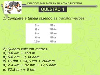 EXERCÍCIOS PARA FAZER EM SALA COM O PROFESSOR
QUESTÃO 1
1) Complete a tabela fazendo as transformações:
 
2) Quanto vale em metros:
a) 3,6 km + 450 m
b) 6,8 hm - 0,34 dam
c) 16 dm + 54,6 cm + 200mm
d) 2,4 km + 82 hm + 12,5 dam
e) 82,5 hm + 6 hm
3 km ??? m
12 m ??? dm
4 cm ??? mm
3,5 m ??? cm
7,21m ??? cm
 