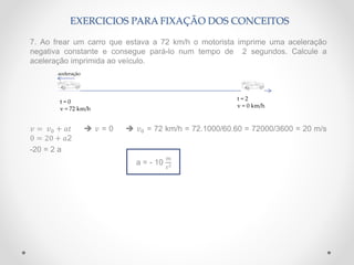 7. Ao frear um carro que estava a 72 km/h o motorista imprime uma aceleração
negativa constante e consegue pará-lo num tempo de 2 segundos. Calcule a
aceleração imprimida ao veículo.
𝑣 = 𝑣0 + 𝑎𝑡  𝑣 = 0  𝑣0 = 72 km/h = 72.1000/60.60 = 72000/3600 = 20 m/s
0 = 20 + 𝑎2
-20 = 2 a
a = - 10
𝑚
𝑠2
EXERCICIOS PARA FIXAÇÃO DOS CONCEITOS
t = 0
v = 72 km/h
t = 2
v = 0 km/h
aceleração
 