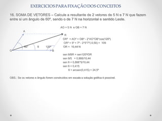 16. SOMA DE VETORES – Calcule a resultante de 2 vetores de 5 N e 7 N que fazem
entre si um ângulo de 60º, sendo o de 7 N na horizontal e sentido Leste.
AO = 5 N e OB = 7 N
A
R
OR² = AO² + OB² - 2*AO*OB*cos(120º)
OR² = 5² + 7² - 2*5*7*(-0,50) = 109
60° θ 120º OR = 10,44 N
O B
sen θ/BR = sen120º/OR
sen θ/5 = 0,866/10,44
sen θ = 0,866*5/10,44
sen θ = 0,415
θ = arcsen(0,415) = 24,5º
OBS.: Se os vetores e ângulo forem construídos em escala a solução gráfica é possível.
 