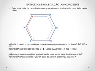 1. Seja uma pista de caminhada como a do desenho abaixo onde cada lado mede
100m:
a)Qual é o caminho percorrido por uma pessoa que passou pelos pontos AB, BC, CD e
DE?
RESPOSTA: AB=BC=CD=DE=100 m  LOGO CAMINHO=4 X 100 = 400 m
b)Quando a pessoa completar a primeira volta, qual será o valor do deslocamento?
RESPOSTA: Deslocamento = ZERO Saiu do ponto A e terminou no ponto A
EXERCICIOS PARA FIXAÇÃO DOS CONCEITOS
 