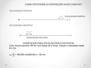 VELOCIDADE POSITIVA
VELOCIDADE NEGATIVA
2.Um veículo percorre 180 km num tempo de 2 horas. Calcule a velocidade média
em m/s.
𝑣 𝑚=
∆𝑠
∆𝑡
= 180.000 m/(2x60.60) s = 25 m/s
COMO ENTENDER AS DEFINIÇÕES MAIS COMUNS?
0 +
VELOCIDADE POSITIVA
0 +
VELOCIDADE NEGATIVA
EXERCICIOS PARA FIXAÇÃO DOS CONCEITOS
 