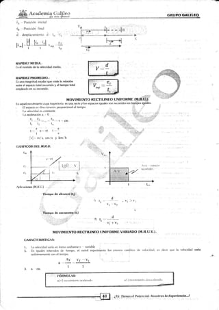 r ::e¡l*?t'r¡3ir j,,§5I¡: ¡a+!: ':.,"?
¿&eacl*m:ia {]alí}er:
in ,., Posici(»r inicial
i:¡1 ,,, Posiciirrr linal
ii ,clesplazat,ricnto l.r
eT
t'¡
v nr¡r
t..
MovIMI ENro RECrI LINEO uN I FoRM E (MtBi,ffi#,¡
[:s aqutit movirni¿nto cuya Lriryeckrria és uha reela y'ltx espacio§ igrale§ son r¿ri¡rridos en tieinijos ig¡¡¿iles.
Iil espackr es <1ireL;i;rrnerrle proporcir:nerl al tiempo. .-; .:,"
- I-a veloci<]¿rd es c<¡nstanl.e.
.. l;r ¿:cp"le¡¿¡ciór¡ ¿¡.. ., 0..
cl c.l
-...
€,, , ctc.
t, t: tD
-ee
v c- vl t .
tv
lvi .,,,m/s. crlis y knr/h
d i,,
RAPIT}}-U ME,DIA.-
I:s eJl méclulo de [a vekrcidad rnedia. . '
ITAPrDIiZPROIIF.DIO.-
l] üfla ma$rifud escalar que mi<ie [a r¿laaiór¡
entre el espacio tirtal recorrido y el tigmpqr total
empleado en su recon'ido.
.d'a [a 'Vl >',
vr --v:
ft q-
vi'+ v,
MOVIMIENTO RECTILINEO UNIFORME VARIADO (M.R.U.V. ).
CAHACTI:RISTICAS:
l. l.¿r vek;citla<l varía <¿n I'onn¿: uniforrne v ' ' variable :
2. l::n iguales interu¡rlr s cie iiemp<;, el rnóvil experirrienla los, rnisrnos
unilormemenle c,rtt el iicmPrt.
carribkrs de vekrcidad, ets tlecir que la velocidad varfa
*
3.
a ....: t :=
t
FORMI¡I.tts:
a(.i- ) rnovirnienio aceler¿rdo ;r( .
) urovirnierttr., desaceler¿rdo
¡.ti
-§¡
ti.
!:íi:i
i :..1"..
-.- I : :;_',i:
c¡l^ITCO.§ D IiI. ful.R.IJ -
cle
i.fú,.{ i e n g s.,e !
.1.
o + .g
:n
C
ll
ql:,N
o s o Lr o s
!1
Ex p e rie nc!:'.. I
 
