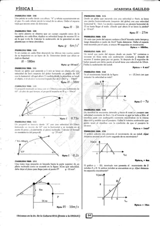 rT§§CA I
';:{{;re1ffi:sia.!
ACADEMIA GALIL§O
Plt{}$LIIirIÁ Nll{l: I (}t}
Una pebh se sueil¿r dt¿sde Lrn¿ allura "h" y rebokr sucesivárnente en
el piso. l-.n r:arcl;r retroie pierde ia rnilad de su zrltltr¿1. I Iallarr el espacio
total quc recr¡rre ¿rr:tes de dr.¿tenerse.
Rpta Íl "3h
I,ll0BLtlilIA NIIO: l0f)
L.n cierto planeta se observa que un cuerpo cayendr> cerc¿r de la
superficie, en caíd¿r libre, duplica su velocidad luego de recorrer 81 m
en la que i¿:rda 3s. Calcul¡rr la aceleración de la gravedad en este
plan¿ta que no tiene atmósfen.
Rpta:.{ 6m f s?'
PltOIlLB,Vrr NB(l: I l{)
Si un cuerpo en caíd¿r libre desciende las ú¡ltinr¿rs ltes cuañ¿rs pitries
de su trayecioria en ur) lapso de lls. Del¡¿mline desde r¡ue ¿¡ltur¿r se
deió en libertarl.
H 180m
RPta: g= l$ ¡¡1t"2' '
PB()I¡L¡i,llA NIIO¡ I I I
Dr¿sde un gkrtxl que ¿lliciende a 5 m/s se lanza un objett-r con una ,
vgl<¡cidad de 5¡ris respecto del gbbr: fomtando un ffiülo de li3!
c<» la horizt¡ni¿rl. i.A qué allura l l ¡nedi<1a.b1b§i:li:.lagüperficie se lanzii
r¡l c¡bjeto. si ei ¿rlc¿rnt:c¿ llorizr¡nt¿ll loqr¿rdr¡ fue de.,tr1,.!,1rn? g .' lqsrl§'z
Iiptr: i/ ''.38m
I:l prcyeciii rnoslracftr se lanz,r con vi . l[JnVs y con un¿] inclinación de
ir0". ¿rl c¿¡t¡o de qué 1ir:m¡rr:. el ¡rroyetf il impacla en B.,g .,.'10mis2 ..
^ ,Rpta:ú ,'0,73"s'
t)n i,rroyeclii es l¿¡nz¿u.ir¡ desde "A" ccrn üna velocid¿id Vi= i0rn/s,
l<>rnr¡rncLr rnr ;ir''Lrlt, rlc l):J' c(rn l¿r horizr¡nt¿rl y se incrusta en e-l
¡runto 13 peq)ci.iriculannenle al pl;rnt¡ inclinado. Calcular d-l1iempci
rll l mo;imier l lr¡ rJtul ¡:royectil. q:r:'10 rn/s2
Itpta: ü' -',il(J,25
I¡¡¿OBI,I]}IA NBO: I 14
[Jna masa qgy pequeñer es lanzada hacia la part€ superior de.un
pláno inclinado corno'se mueská en la figura. ZCon'qué velocidad,
debe dejar e[ plano para lleg¡ar justo al punto Pl §"' 10 m/s2.
'
70m/s
J Vi-.lOrn/(
8m
16m
Ubícanos en la Av.,De ls Cularra7076.(frente a la UNSAAC)
Rpta:r = 16m
PnOBLnilA Nltl): I tii
Desde un glot» que ascir¿nde con una velocklad v,-6¡nls, se lanza
una piedrar horizontalmente (respe<;to del globo) con una velocidad
horizontal V-, .lim/s. [-a piedra ex¡:erimenkr un alcance he¡rizontal de
1l¡ rn h¿¡sla [e¡¡err a[ suelo. i,Desde qué altura I-l se lanzer [a piedra?
g... l0 m/s2.
Bpra: /{ ,-. f'/¡n
IIII0BLEMA NltO: t l{i
Un auto que p;rrte del reposo acelera a 2mlszdurante cierto tiempo.y
luel¡o desacelera a r¿zón de 3m/sz h¿sia detenersa. I-Iallar el espacio
total re¡corrido ¡:or el auto. si estuvr¡ 90 segundos en rnovimiento.
Ilpta:e = 486h.
PltOIlLlIüÁ Ntl(|: t l7
LJn móvil que pafl.e del reposo desde un punto "r1" comierua a
moverse en lÍnea recta con ¿rceleracicin c()nstante y despuás &
recotter 2 metros pasa por un punto. Si después de 2 segundos de
;haber ¡:asado por dicho punlo el m<ivil tiene una velocidad de 12m/s.
I-lallar la aceleración <iel móvil.
Rpta:a = 4 ny'oz
PItoll[UMA Nno: I t8
En el movimiento lineal de la figura
instanle t [a vekridad es nula?.
v"*-12,5m/s áen que
Rpta: f == 7§
PIIOBLIIilIA NllO: I l0
Un ómnibus se encuenlra tlelenido y hacia él corre un pasajero cer
velocidad cons1ante de Bm/s. i:n e[ instante en qu€ se hnlla a 32m. el
ómnitrtls, perrte con ¿rceler¿¡ción conslante moviénd<¡se en la mi.sma
d!¡ección y sentido que'el pasajero. I-i¿rllar.la rnáxima aceleración que
podr;i lener el <imniLrrls con l¿¡ condición de que el pasajero lo
alcanc¿.
:. Bpta:a = l¡qfu4
PItOllLIt]Iil Nlt0: I20'
I:l gráfico adjunto nbs presenta el movimiento de un móvil. éQrC
disla:ncia r.ecorrió en el'cu¿¡rto segundo de su movimiento?
R¡Éa:e" = f6¡
El gráfico y ,. "f(0, rncxtrado nos prescr*ci e[ movimiranb de 2
móviles A y B. Si ambos móviles s€ encuentran en p. eQué distancia
los separaba inicialmenLe?
 