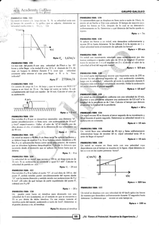 r
: ,-,
¡tl#t'-
¡1*xi}**tx§:¡.
¡!*
üxl'?,§'**
lY"3'..:*
l',ñt{¡I}L¡i,!üA §!t(}: i2I
rljn nr(rvil se nluers ii io l;ir1¡r r.lt¿i ei¿r X.
'eul..1iern¡xr de ¡rcue¡do a l¡r qr¿ific;r <lutr
rielociclarl ¡nerdi,i r:rllre: r, t)s y r, 1 lis
r(r u,/s
s)
Rpta: I/. L,67m/ s
Pltolll,UilA NnO: l2Z
Un fen sale del Erato A cen una velocidad de Z5rnls a las O7
horas y detre llcgar a la ciudad B a las 12 h. si después <1e 2 h. de.
viaje un huayco lo detiene durante 2 h. ácon que veiocidad
cor¡st¿rnte <iebe retorr¡ar el viaie ¡rara lle¡¡ar a B a I¡r hor¿t
indic¿rda?
Rpta:7, 270km/h
IlltOBL¡lüA NII{}: l2ll
Un camión <1e carga de l! rn. de largo !/ que se mueve con M.R tl.V.
in1¡resa a un h.inel <le l]5 m. l)e largo tal cc¡mo se indica. Si sale
completamente «lel túnel con rapklez d¿ 16 m/s. Calcular el valor de
su aceleración.
4 m/s
lA---
ffiinm
,I:l'.:t in: :§
:: ,r¡i.,,]]..
iiri::f::,,r:.
' i'i:¡r:i:¡l:ri
. ,i ""+?. i". . .l lrI*ii: .-r lir¿!¡iÉ:t:.:!:!
Rpta: a el§i&?#
.
:
rtr.!i:.:: :
..*.;:,. -
dsi&
Si su vebcidacl varía co¡l
sc «ijunta, delemline su
Plt0lllliiUA ñl¡0: 12$
[Jn automovilista que se desplaza en línea recta a razón de 1Om/s, de
pronlo vé un bache a 35.¡rn rnás adelante. El tiempo de reacckin para
arplicar los frenos es 0,3s. después de k¡ cual se va detenienck¡
uniformemente en 5s. Determi¡te a qué distancia del bache queda en
reposo.
RPta: x = 7m
PltOBLllilIANll{}: llt(}
Ai apiicar los frenos ¿r un móvil, este desacelera uniformemente y
ret:sne 2-O m hasta detenerse. Si los últimos 5 r¡ la recorre en 1 s.
eQué velocidad tenía al momento de aplicarle los frenos?
Rpta:v = 2O m/s
,::?:i:,:::¡¡::.¡;ii}lr,,.-
Plt{lt¡LlttrIÁ NR{): MI .'uiil';':.':'¡::::l:::rj.-l il'.:r"
[Jn mí¡vil con movimiento retar:dadó pasa suü ente por dos
lramos contil¡uos e iguales cada r¡iio de 10 m de ffitud. El primer
lr¿.rnro lo recorre en 1 s y e[ segtt o en 2 s. aCalcufdJ el valor de la
vekrcidad al final d¿l se¡¡undo trarnt*?1,,.
.,,,*,d..
tr,i
l¡lt0llllliUrl ñIl0: Iil*::r'i.;',:'
eii"i$..,
1lo4§itud
de la pendiente.
llil.¡'¡:li]:-"
L)n móvil parle de&iáposo¡1r rncor.e una trayectoria recta de 270 m
dur¿rnle los tres piimero.$'lsegundos v$ con acelemción constante,
luel¡r con la veloe-:Éad ji trdquirida se anula la aceleración durante 6
segr.rndos más coñ,:fe$iaai comple.ta.§t recorrido. Hallar Ia aceleración
aet:.1',i,,,§¡mnte eFr
: Rpta :a = 12 Írsz:::|:-. ;1,,,,
PnOBLIIIiÍT1 F;r¡il:r -
,:Un móvil va c'óiiiifliB,i8 nto uniforme con una velocidad de 1O m/s,
,á.:entrar u un. ÉilHdÉnte atlquiere una acelemción de 0,4 mlsz si la
; de h pe4§iEnte es de 1 km. Calcular el üei'npo que demora
'fiift ,, = 5/3 rn/s
Bpta:t = 5O s
PB0BIü¡IA ñB(tr 124
Dos móvikls A y t3 que s€ sncuerltran sep:r.mdos una distancia "d",'
parten sirnultá.ireamente ,:n tifea recta con ace,lem{:idn€$de 10 m/d
y 6rnlse respeclivamenle. I la,ltar el valcrr ele "dll,ii- ctiando uno de
ellos ¿¡lc¿mz¿r al olro, el médulo de la <life¡encia i{e sus vdllrcidáides .qs.:
PNOBT,ffiNBO: Ifl,{
,lJn m§¡ril reeorre 4O m durante d tercer segundo de su movimiento y
iifir;¡rr' urante el quinto segundo. fHerm.inat su velocidad inicial si su
,üebláración es const¿rnte.
;t:' Bpta:vi = I5 ny's
dc 40 rn/s.
.-:
Plt0llf,tütlA NRO: I Zii
,i¡l.n g: d -;2oo'm.
tjn móvil s€ mueve a 48t&n./h en lfnea re,cta Se aplican lqs.frenos y
se detiene hrel¡o de rcrrl*rer m. Si se hu.§lriiá.estado máüi¿ñdo a 96
t&n./h y st: aplicaran'l,óo frenr¡s cr¡mo e&d$p. g=nterior, de manera
que se «:btuviese la:fnis¡na desaceleraeión. .Qq]iular la distancia que
reconerí¿r desde el.iñqnento que se aplican 16§.,1,, nos hasta que se
,t',,r, RPta:X"Sm
Itlt(llll.lilU¡l NIIO: 126' . "
I-a vel<¡cidacl de un mévü--qqa¡,ec.orm,;l,Jó0 rn. en lín<srecta e,s de
llti m/s. Si su aceleraciá¡'ü,pqrnst"Et¿:; i¡¡uat 0.7 nilf.'Gicular ta
vekrcidad de padi<la en nr/s.
Rpta: V, ,,, 34 mis
PnOBl,fiüA Nll0: 127
I)os m<iviles A y [1 se hallan el punto "0". el cual disia de 100 m. del
punto P, ambrx rnóviles ¡:arten simultáneamente del re¡roso *sde
"O" con [a misrna <lireoció¡ y sentido siendo sús aceleraciones de 4-y-
6 m/s2. ¿Al cabo de qué iiempo de partir equidistarán del punto P,
colineal conAylil?.
Rpta: t .,' 20 s
Plt0llLlirll¡t Nll0: I2ll
(ln peafón corre l¡ar:ia un ó¡nnibus para alcanzarlo con una
vekriclad d¿: 6 m/s («rnshnte), en cl inslante en que se encuentra a
2li rn por dct¡¿rs de dicho órnnibus. lln ese mismo instante el
órnnitrus parle del re.gwr, acelerando a ratón de lm/s?. Determine si
el peakin ¿rlc¿rnz¿r o no, al rimnibus.
Rpta:No alcanza al ómniLrus
PAOBLE,IIA NIIO: IBI
Un móvil lleva una ¡¡eloeidd de 35 ¡¡r/s y frena unilormemente
deteniéndose luego de reeor?er 5O m. iQué velocidad tenía 18 m
antes de llegar al reposo?
Rpta:vi = rs m/s
PIIOBLIIUA ñRO: Iil{i
Un móvil se mueve en línea recta con una velocidad cuya
dependencia con el tiempo se muesha en la figura. cQué distancia en
km rer:orre en las cuaho primeras horas?.
v( km/h)
Rpta:e = 320 km
PROI¡1¡itrlA NRO: lilT
Un móvil se desplaza con una velocidad de 60 kn/h aplica los frenos
de manera que desacelera unif<¡rmemente durante 12 segundos hasta
detenerse. La distancia que recotr€ en este tiempo es:
Rpta:e = l0O m
GRI.IPO GALILEO
, , TE-l ¡Tú TieneselPotencíol.ilosaÍ¡osla Exprlencia...!
 