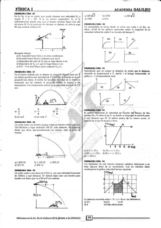 '' b) 1200
e) N.A-
,) 6u)Jl
I rul
,e, l,yl,/l./
¡ V--...-.-
Ite
f---L_--_
l,x
I

7t
a)
-3
d) arc tg 2
J':'
1Í, .'7r
c)
- b:i*
4 i'6
e) arc cotg. 2 t;'.,.,..'
PIIOI¡LIIIA NIl0: flfl
a) 1,850.30
d)s01.25
8U
b) 10s < t< 15s
d) 20 s < t<22.5 s
.,a) O-',:§1 s 19 t
':
bli,15s<t<20s
,ái > zz.s t
a)4.5
dl4
628
-t
tu
PIOBLBIiA NtrO: lM
Un avión vuela a una altura de 313.6 m. con una velocidad horizontal
de 150m/s; a qué distancia "d" deberá dejar caen una bomba para
hundir a un barco que va a 20 m/s? (en mehos)
-.il50rr¡,§iT.r--¡--.--r
l"--.!| -.:.
| ,'r
313§rn : "..
| -^-tt.r
| ñtfy."I e € r I
Lffi
Ubícanos en Ia Av, De la Cullura1A76.(lrente a la UNSAAC)
PBOBLDIIA NBll: $il
[-os hipulantes de uña extraña máquina veladora informaron a su
base algunos datos de su movimiento. Con los referidos dátq§
construyeron[agráficavelocidad.tiemposiguiente:
- --L-
I
I
t,
La distancia recorrida entre l'.,2 s y t-4s es: (en kilórnehos)
b)6 5 c) 12
e) falta información
"§E'
PBOltI,f,MA Nlt0:.llGI,BUIILtrUII NITI': ¡'¡i I T
En la Fig. A es un cañón que puerJe clisparar.eon.{¡elocieiad Vn y l u¡ SSOr/2
Y r¿l
t/t/
t/
pBoBrf,üA ÑiRG $2
pt'.erafi :; ñfuenta la vek¡cidad en función def'tienrpo dc.doo
m6vifgs M y N sobre el eieX, en donde se üene qué el mdrvil.{rl'parte
5'se§.':después que M. Si ambos parten clé:"un mismo punto, el
instanle en el que N alcanza a M es:
"i*-;f'."--' -'--500 m- --- ---'
6) 1,102;50 c¡ 925 15
:
el 8O6.75
ángulo 0 s e .l gff. B es un trlanco suspendirJo. V^ el lo I d) 1040
suficientemente g;rande p;rra que el disparo siempre lleflr¡e ,más alkí
del punto M. En el rrronlento de efectuar un disparo, se corta la soga
BC que sosliene el blanco [3.
§e p*ede afirmar:
a) es imposible hacer blanco en eslas condiciones.
b) Se podrá hacer blanco cutrlquiera que sea 0
ci Dr:penderá del valor de V¡ que se ha¡¡a blaneo o no,
d) Dependerá de Va y d, que se haga blanco o no.
e) Si 0 .. 0 se hará blanco para cualquier Va g d.
Pru)BLlilIA NR0: 87
PllO$¡,II,llA ItItO: fl{}
Un paracaidista se an-oja desde r-rn avión que vuela a un K¡¡1. de
altura. iCuál de los gráfhos representa r:l-rejor la nragnitud de lir
velocidad vefical de caída V en funcón del.tier¡po t?
*trllRLülIA NR0: fll
Suponiendo que un cuerpo se desplaza de r¡do guc h distancia
recorrida es proporcional a .f, o.ie.ndo t el iiemm hnseunids, el
gráfico a - t correspondier¡te seda:
k.--:--.- - d - ----¡l
 