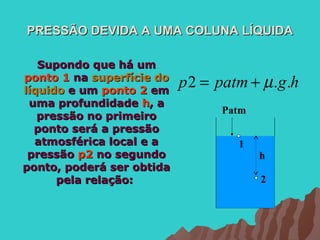 PRESSÃO DEVIDA A UMA COLUNA LÍQUIDA

   Supondo que há um
ponto 1 na superfície do
líquido e um ponto 2 em
                           p 2 = patm + µ .g.h
 uma profundidade h, a
                                 Patm
   pressão no primeiro
  ponto será a pressão
  atmosférica local e a             1
 pressão p2 no segundo                  h
ponto, poderá ser obtida
      pela relação:                     2
 