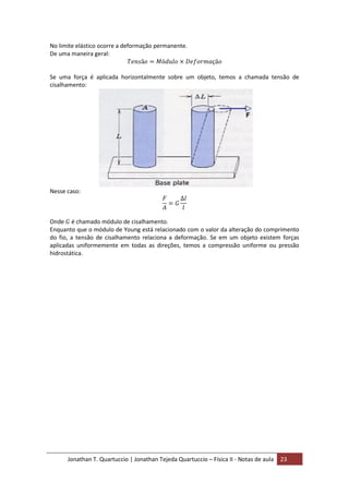 Jonathan T. Quartuccio | Jonathan Tejeda Quartuccio – Física II - Notas de aula 23
No limite elástico ocorre a deformação permanente.
De uma maneira geral:
Se uma força é aplicada horizontalmente sobre um objeto, temos a chamada tensão de
cisalhamento:
Nesse caso:
Onde é chamado módulo de cisalhamento.
Enquanto que o módulo de Young está relacionado com o valor da alteração do comprimento
do fio, a tensão de cisalhamento relaciona a deformação. Se em um objeto existem forças
aplicadas uniformemente em todas as direções, temos a compressão uniforme ou pressão
hidrostática.
 