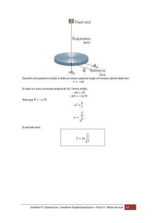 Jonathan T. Quartuccio | Jonathan Tejeda Quartuccio – Física II - Notas de aula 52
Quando uma pequena torção é dada ao corpo suspenso surge um torque oposto dado por:
O valor k é uma constante própria do fio. Temos então:
Note que .
O período será:
 