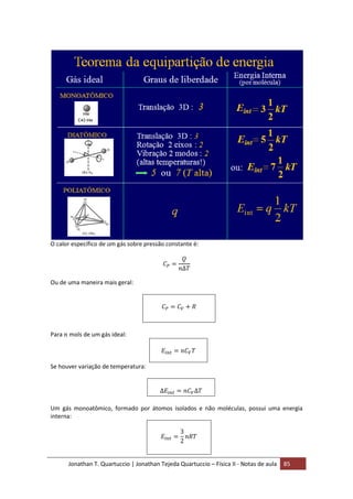 Jonathan T. Quartuccio | Jonathan Tejeda Quartuccio – Física II - Notas de aula 85
O calor específico de um gás sobre pressão constante é:
Ou de uma maneira mais geral:
Para mols de um gás ideal:
Se houver variação de temperatura:
Um gás monoatômico, formado por átomos isolados e não moléculas, possui uma energia
interna:
 