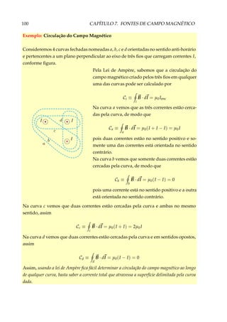 100 CAPÍTULO 7. FONTES DE CAMPO MAGNÉTICO
Exemplo: Circulação do Campo Magnético
Consideremos 4 curvas fechadas nomeadas a, b, c e d orientadas no sentido anti-horário
e pertencentes a um plano perpendicular ao eixo de três ﬁos que carregam correntes I,
conforme ﬁgura.
×
Pela Lei de Ampère, sabemos que a circulação do
campo magnético criado pelos três ﬁos em qualquer
uma das curvas pode ser calculado por
Ci ≡
i
B · dl = µ0Ienc
Na curva a vemos que as três correntes estão cerca-
das pela curva, de modo que
Ca ≡
a
B · dl = µ0(I + I − I) = µ0I
pois duas correntes estão no sentido positivo e so-
mente uma das correntes está orientada no sentido
contrário.
Na curva b vemos que somente duas correntes estão
cercadas pela curva, de modo que
Cb ≡
b
B · dl = µ0(I − I) = 0
pois uma corrente está no sentido positivo e a outra
está orientada no sentido contrário.
Na curva c vemos que duas correntes estão cercadas pela curva e ambas no mesmo
sentido, assim
Cc ≡
c
B · dl = µ0(I + I) = 2µ0I
Na curva d vemos que duas correntes estão cercadas pela curva e em sentidos opostos,
assim
Cd ≡
d
B · dl = µ0(I − I) = 0
Assim, usando a lei de Ampère ﬁca fácil determinar a circulação do campo magnético ao longo
de qualquer curva, basta saber a corrente total que atravessa a superfície delimitada pela curva
dada.
 