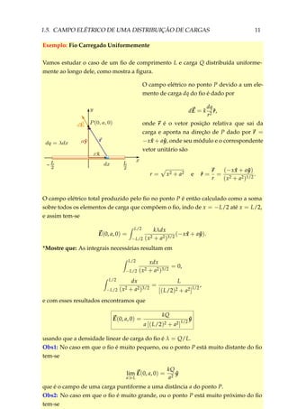 1.5. CAMPO ELÉTRICO DE UMA DISTRIBUIÇÃO DE CARGAS 11
Exemplo: Fio Carregado Uniformemente
Vamos estudar o caso de um ﬁo de comprimento L e carga Q distribuída uniforme-
mente ao longo dele, como mostra a ﬁgura.
O campo elétrico no ponto P devido a um ele-
mento de carga dq do ﬁo é dado por
dE = k
dq
r2
ˆr,
onde r é o vetor posição relativa que sai da
carga e aponta na direção de P dado por r =
−x ˆx + a ˆy, onde seu módulo e o correspondente
vetor unitário são
r = x2 + a2 e ˆr =
r
r
=
(−x ˆx + a ˆy)
(x2 + a2)1/2
.
O campo elétrico total produzido pelo ﬁo no ponto P é então calculado como a soma
sobre todos os elementos de carga que compõem o ﬁo, indo de x = −L/2 até x = L/2,
e assim tem-se
E(0, a, 0) =
L/2
−L/2
kλdx
(x2 + a2)3/2
(−x ˆx + a ˆy).
*Mostre que: As integrais necessárias resultam em
L/2
−L/2
xdx
(x2 + a2)3/2
= 0,
L/2
−L/2
dx
(x2 + a2)3/2
=
L
[(L/2)2 + a2]
1/2
,
e com esses resultados encontramos que
E(0, a, 0) =
kQ
a [(L/2)2 + a2]
1/2
ˆy
usando que a densidade linear de carga do ﬁo é λ = Q/L.
Obs1: No caso em que o ﬁo é muito pequeno, ou o ponto P está muito distante do ﬁo
tem-se
lim
a L
E(0, a, 0) =
kQ
a2
ˆy
que é o campo de uma carga puntiforme a uma distância a do ponto P.
Obs2: No caso em que o ﬁo é muito grande, ou o ponto P está muito próximo do ﬁo
tem-se
 