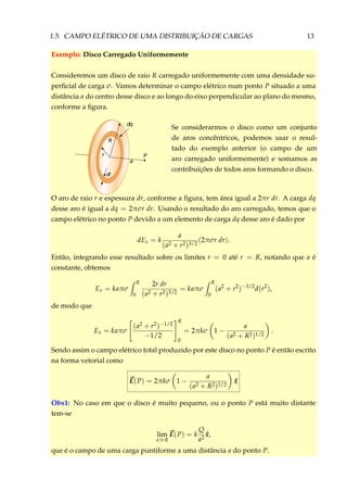 1.5. CAMPO ELÉTRICO DE UMA DISTRIBUIÇÃO DE CARGAS 13
Exemplo: Disco Carregado Uniformemente
Consideremos um disco de raio R carregado uniformemente com uma densidade su-
perﬁcial de carga σ. Vamos determinar o campo elétrico num ponto P situado a uma
distância a do centro desse disco e ao longo do eixo perpendicular ao plano do mesmo,
conforme a ﬁgura.
P
a
r
R
dq
dr
Se considerarmos o disco como um conjunto
de aros concêntricos, podemos usar o resul-
tado do exemplo anterior (o campo de um
aro carregado uniformemente) e somamos as
contribuições de todos aros formando o disco.
O aro de raio r e espessura dr, conforme a ﬁgura, tem área igual a 2πr dr. A carga dq
desse aro é igual a dq = 2πσr dr. Usando o resultado do aro carregado, temos que o
campo elétrico no ponto P devido a um elemento de carga dq desse aro é dado por
dEx = k
a
(a2 + r2)3/2
(2πσr dr).
Então, integrando esse resultado sobre os limites r = 0 até r = R, notando que a é
constante, obtemos
Ex = kaπσ
R
0
2r dr
(a2 + r2)3/2
= kaπσ
R
0
(a2
+ r2
)−3/2
d(r2
),
de modo que
Ex = kaπσ
(a2 + r2)−1/2
−1/2
R
0
= 2πkσ 1 −
a
(a2 + R2)1/2
.
Sendo assim o campo elétrico total produzido por este disco no ponto P é então escrito
na forma vetorial como
E(P) = 2πkσ 1 −
a
(a2 + R2)1/2
ˆx
Obs1: No caso em que o disco é muito pequeno, ou o ponto P está muito distante
tem-se
lim
a R
E(P) = k
Q
a2
ˆx,
que é o campo de uma carga puntiforme a uma distância a do ponto P.
 