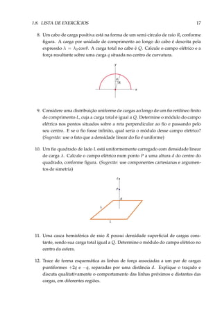 1.8. LISTA DE EXERCÍCIOS 17
8. Um cabo de carga positiva está na forma de um semi-círculo de raio R, conforme
ﬁgura. A carga por unidade de comprimento ao longo do cabo é descrita pela
expressão λ = λ0 cos θ. A carga total no cabo é Q. Calcule o campo elétrico e a
força resultante sobre uma carga q situada no centro de curvatura.
y
R
x
θ
9. Considere uma distribuição uniforme de cargas ao longo de um ﬁo retilíneo ﬁnito
de comprimento L, cuja a carga total é igual a Q. Determine o módulo do campo
elétrico nos pontos situados sobre a reta perpendicular ao ﬁo e passando pelo
seu centro. E se o ﬁo fosse inﬁnito, qual seria o módulo desse campo elétrico?
(Sugestão: use o fato que a densidade linear do ﬁo é uniforme)
10. Um ﬁo quadrado de lado L está uniformemente carregado com densidade linear
de carga λ. Calcule o campo elétrico num ponto P a uma altura d do centro do
quadrado, conforme ﬁgura. (Sugestão: use componentes cartesianas e argumen-
tos de simetria)
L
L
z
P
d
11. Uma casca hemisférica de raio R possui densidade superﬁcial de cargas cons-
tante, sendo sua carga total igual a Q. Determine o módulo do campo elétrico no
centro da esfera.
12. Trace de forma esquemática as linhas de força associadas a um par de cargas
puntiformes +2q e −q, separadas por uma distância d. Explique o traçado e
discuta qualitativamente o comportamento das linhas próximos e distantes das
cargas, em diferentes regiões.
 