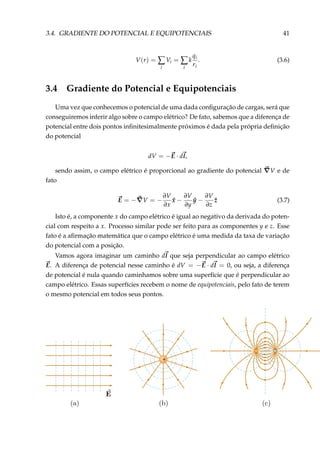 3.4. GRADIENTE DO POTENCIAL E EQUIPOTENCIAIS 41
V(r) = ∑
i
Vi = ∑
i
k
qi
ri
. (3.6)
3.4 Gradiente do Potencial e Equipotenciais
Uma vez que conhecemos o potencial de uma dada conﬁguração de cargas, será que
conseguiremos inferir algo sobre o campo elétrico? De fato, sabemos que a diferença de
potencial entre dois pontos inﬁnitesimalmente próximos é dada pela própria deﬁnição
do potencial
dV = −E · dl,
sendo assim, o campo elétrico é proporcional ao gradiente do potencial V e de
fato
E = − V = −
∂V
∂x
ˆx −
∂V
∂y
ˆy −
∂V
∂z
ˆz (3.7)
Isto é, a componente x do campo elétrico é igual ao negativo da derivada do poten-
cial com respeito a x. Processo similar pode ser feito para as componentes y e z. Esse
fato é a aﬁrmação matemática que o campo elétrico é uma medida da taxa de variação
do potencial com a posição.
Vamos agora imaginar um caminho dl que seja perpendicular ao campo elétrico
E. A diferença de potencial nesse caminho é dV = −E · dl = 0, ou seja, a diferença
de potencial é nula quando caminhamos sobre uma superfície que é perpendicular ao
campo elétrico. Essas superfícies recebem o nome de equipotenciais, pelo fato de terem
o mesmo potencial em todos seus pontos.
+
 