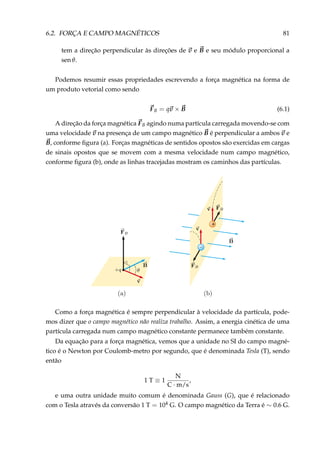 6.2. FORÇA E CAMPO MAGNÉTICOS 81
tem a direção perpendicular às direções de v e B e seu módulo proporcional a
sen θ.
Podemos resumir essas propriedades escrevendo a força magnética na forma de
um produto vetorial como sendo
FB = qv × B (6.1)
A direção da força magnética FB agindo numa partícula carregada movendo-se com
uma velocidade v na presença de um campo magnético B é perpendicular a ambos v e
B, conforme ﬁgura (a). Forças magnéticas de sentidos opostos são exercidas em cargas
de sinais opostos que se movem com a mesma velocidade num campo magnético,
conforme ﬁgura (b), onde as linhas tracejadas mostram os caminhos das partículas.
–
+
Como a força magnética é sempre perpendicular à velocidade da partícula, pode-
mos dizer que o campo magnético não realiza trabalho. Assim, a energia cinética de uma
partícula carregada num campo magnético constante permanece também constante.
Da equação para a força magnética, vemos que a unidade no SI do campo magné-
tico é o Newton por Coulomb-metro por segundo, que é denominada Tesla (T), sendo
então
1 T ≡ 1
N
C · m/s
,
e uma outra unidade muito comum é denominada Gauss (G), que é relacionado
com o Tesla através da conversão 1 T = 104 G. O campo magnético da Terra é ∼ 0.6 G.
 