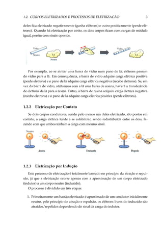 1.2. CORPOS ELETRIZADOS E PROCESSOS DE ELETRIZACÃO 3
deles ﬁca eletrizado negativamente (ganha elétrons) e outro positivamente (perde elé-
trons). Quando há eletrização por atrito, os dois corpos ﬁcam com cargas de módulo
igual, porém com sinais opostos.
Por exemplo, ao se atritar uma barra de vidro num pano de lã, elétrons passam
do vidro para a lã. Em consequência, a barra de vidro adquire carga elétrica positiva
(perde elétrons) e o pano de lã adquire carga elétrica negativa (recebe elétrons). Se, em
vez da barra de vidro, atritarmos com a lã uma barra de resina, haverá a transferência
de elétrons da lã para a resina. Então, a barra de resina adquire carga elétrica negativa
(recebe elétrons) e o pano de lã adquire carga elétrica positiva (perde elétrons).
1.2.2 Eletrização por Contato
Se dois corpos condutores, sendo pelo menos um deles eletrizado, são postos em
contato, a carga elétrica tende a se estabilizar, sendo redistribuída entre os dois, fa-
zendo com que ambos tenham a carga com mesmo sinal.
1.2.3 Eletrização por Indução
Este processo de eletrização é totalmente baseado no princípio da atração e repul-
são, já que a eletrização ocorre apenas com a aproximação de um corpo eletrizado
(indutor) a um corpo neutro (induzido).
O processo é dividido em três etapas:
1. Primeiramente um bastão eletrizado é aproximado de um condutor inicialmente
neutro, pelo princípio de atração e repulsão, os elétrons livres do induzido são
atraídos/repelidos dependendo do sinal da carga do indutor.
 