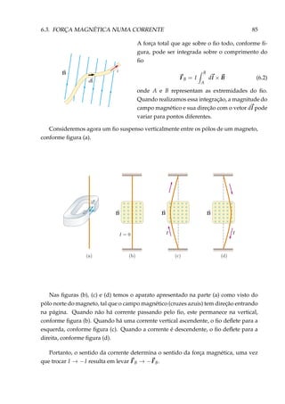 6.3. FORÇA MAGNÉTICA NUMA CORRENTE 85
A força total que age sobre o ﬁo todo, conforme ﬁ-
gura, pode ser integrada sobre o comprimento do
ﬁo
FB = I
B
A
dl × B (6.2)
onde A e B representam as extremidades do ﬁo.
Quando realizamos essa integração, a magnitude do
campo magnético e sua direção com o vetor dl pode
variar para pontos diferentes.
Consideremos agora um ﬁo suspenso verticalmente entre os pólos de um magneto,
conforme ﬁgura (a).
×
×
×
×
×
×
×
×
×
×
×
×
×
×
×
×
×
×
×
×
×
×
×
×
×
×
× ×
× × ×
×
×
×
×
×
×
×
×
×
×
×
×
×
×
×
×
×
×
×
×
×
×
×
×
×
× ×
× × ×
×
×
×
×
×
×
×
×
×
×
×
×
×
×
×
×
×
×
×
×
×
×
×
×
×
× ×
× ×
Nas ﬁguras (b), (c) e (d) temos o aparato apresentado na parte (a) como visto do
pólo norte do magneto, tal que o campo magnético (cruzes azuis) tem direção entrando
na página. Quando não há corrente passando pelo ﬁo, este permanece na vertical,
conforme ﬁgura (b). Quando há uma corrente vertical ascendente, o ﬁo deﬂete para a
esquerda, conforme ﬁgura (c). Quando a corrente é descendente, o ﬁo deﬂete para a
direita, conforme ﬁgura (d).
Portanto, o sentido da corrente determina o sentido da força magnética, uma vez
que trocar I → −I resulta em levar FB → −FB.
 