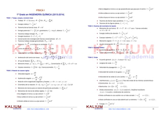  
www.kaliumacademia.com   -1- 
FÍSICA I
1º Grado en INGENIERÍA QUÍMICA (2013-2014)
TEMA 1: Trabajo, energía y momento lineal
 Trabajo:  ·cos· xFW  ;   FdxW ;   itotal WW  
 Energía cinética:  2
·
2
1
vmT   
 Teorema de las fuerzas vivas:  TW   
 Energía potencial:   drFV C ; gravitatoria:  hgmVg ·· ; elástica:  2
·
2
1
xkVe   
 Teorema trabajo‐energía:  VWFC   
 Energía mecánica:  eg VVTE   
 Conservación de la energía (solo fuerzas conservativas):  0E  
 Teorema trabajo‐energía generalizado:  EWFnC   
 Potencia: 
t
W
P   y si la fuerza es constante:  vFP ·  
 Centro de masas:   iiCM rm
M
R ·
1
;   rdm
M
RCM
1
 
 Velocidad del centro de masas:   ii
CM
CM vm
Mdt
dR
V ·
1
 
 Aceleración del centro de masas:   ii
CMCM
CM am
Mdt
Rd
dt
dV
A ·
12
 
 2ª Ley de Newton:   CMext AMF ·  
 Momento lineal:  iii vmp · ;    CMi VMpP · ; Conservación: Si  ctePFext  0  
 Impulso mecánico:  pFdtI   ; Fuerza promedio: 
t
I
Fm

  
TEMA 2: Rotación de cuerpos rígidos
 Velocidad angular: 
dt
d
   
 Aceleración angular:  2
2
dt
d
dt
d 
   
 Relación entre magnitudes angulares y lineales:  rx · ;  r·v  ;  ra ·  
 Cinemática de la rotación:  2
00 ·
2
1
· tt   ;   t·0   ;    ··22
0
2
 
 Momento de inercia para un sistema de partículas puntuales:   2
· ii rmI  
 Momentos de inercia de sólidos rígidos:   dmrI 2
 
 Aro delgado en torno a su eje central:  2
·RmI   
 Disco sólido en torno a su eje central:  2
··
2
1
RmI   
 Cilindro sólido en torno a su eje central:  2
··
2
1
RmI   
 
 
www.kaliumacademia.com    -2- 
 Barra delgada en torno a un eje perpendicular que pasa por el centro:  2
··
2
1
LmI   
 Esfera sólida en torno a su eje central:  2
··
5
2
RmI   
 Esfera hueca en torno a su eje central:  2
··
3
2
RmI   
 Teorema de Steiner (ejes paralelos):  2
·dmII CM   
 Teorema de las figuras planas:  yxz III   
TEMA 3: Dinámica del movimiento de rotación
 Momento de una fuerza:  FrM

 ;  ·sen·FrM  . Fuerzas centrales: 
00  M  
 Energía cinética de rotación:  2
··
2
1
CMIT   
 Cuerpos rodantes:  22
·
2
1
··
2
1
CMCM
trans
c
rot
cc VmITTT    
 Momento angular:  prL

 ;  ·sen·· vmrL  ;  ·IL   
 Ley de conservación  cteL
dt
dL
M  0  
TEMA 4: Equilibrio estático
 Condición de equilibrio:   0F

;   0M

 
 Centro de gravedad:   iicg pxPX ·· ;  (  ipP ) 
 
TEMA 5: Ondas
 Ecuación general:  )·sen(),( 0  kxtAtxy   
 Longitud de onda: 
k


2
  
 Velocidad de propagación:  

·v 
T
 
 Velocidad del sonido en los gases: 
M
TR··
v

  
 Velocidad de las ondas en una cuerda: 

T
v ;   
L
m
  
 Interferencias:  ),(),( txytxy iT  Para dos ondas de las mismas características:  
 Constructiva:  ,...3,2,1·  nnx   
 Destructiva:    ,...3,2,1
2
·12  nnx

 
 Ondas estacionarias:  )2)·sen((),( txAtxy r  ; Amplitud resultante: 
)cos(2)( kxAxAr  ; condiciones de contorno: 
 Onda confinada en una cuerda o en un tubo cerrado  ,...3,2,1
2
 nn

   
 Onda confinada en una un tubo abierto por un extremo:    ,...3,2,1
4
12  nn

   
 Energía:  22
2
1
mAE   
 