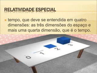 RELATIVIDADE ESPECIAL
 tempo, que deve se entendida em quatro
dimensões: as três dimensões do espaço e
mais uma quarta dimensão, que é o tempo.
 
