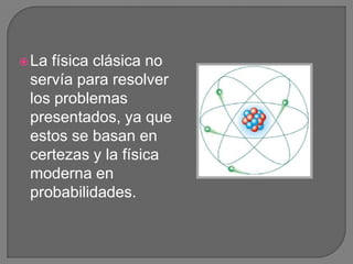  Lafísica clásica no
 servía para resolver
 los problemas
 presentados, ya que
 estos se basan en
 certezas y la física
 moderna en
 probabilidades.
 