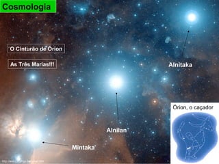 Cosmologia



      O Cinturão de Órion

      As Três Marias!!!                                  Alnitaka




                                                          Órion, o caçador



                                               Alnilan

                                     Mintaka

http://astro.if.ufrgs.br/const.htm
 