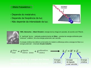 Efeito Fotoelétrico


- Depende do metal-alvo;
- Depende da freqüência da luz;
- Não depende da intensidade da luz;



         1905, Alemanha – Albert Einstein: energia da luz chega em pacotes, de acordo com Planck;

         A “partícula” de luz - batizada posteriormente de fóton – precisa ter energia suficiente para
         “arrancar” o elétron. Há uma energia potencial a ser vencida.

         A energia cinética dos elétrons arrancados do metal é a diferença entre a energia do fóton e a
         energia potencial – chamada função trabalho.




Etotal = Eelétron átomo + Ecinética re
  fóton   ligação          elétronliv
                                                                        h. f = W + Ecin

Freqüência da luz  energia dos fótons                      Energia           Energia               Energia
                                                            do fóton          de ligação            cinética
Intensidade da luz  número de fótons                                         a ser vencida
 