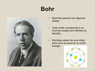 Bohr
• Electrões apenas com algumas
órbitas;
• Cada órbita corresponde a um
nível de energia bem definido do
electrão;
• Electrões saltam de uma órbita
para outra ao absorver ou emitir
energia;
 