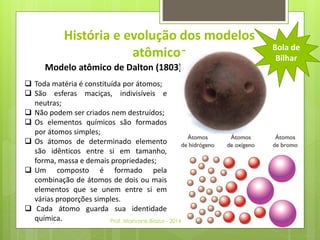 História e evolução dos modelos 
atômicos 
Modelo atômico de Dalton (1803) 
 Toda matéria é constituída por átomos; 
 São esferas maciças, indivisíveis e 
neutras; 
 Não podem ser criados nem destruídos; 
 Os elementos químicos são formados 
por átomos simples; 
 Os átomos de determinado elemento 
são idênticos entre si em tamanho, 
forma, massa e demais propriedades; 
 Um composto é formado pela 
combinação de átomos de dois ou mais 
elementos que se unem entre si em 
várias proporções simples. 
 Cada átomo guarda sua identidade 
química. 
Bola de 
Bilhar 
Prof. Marivane Biazus - 2014 
 